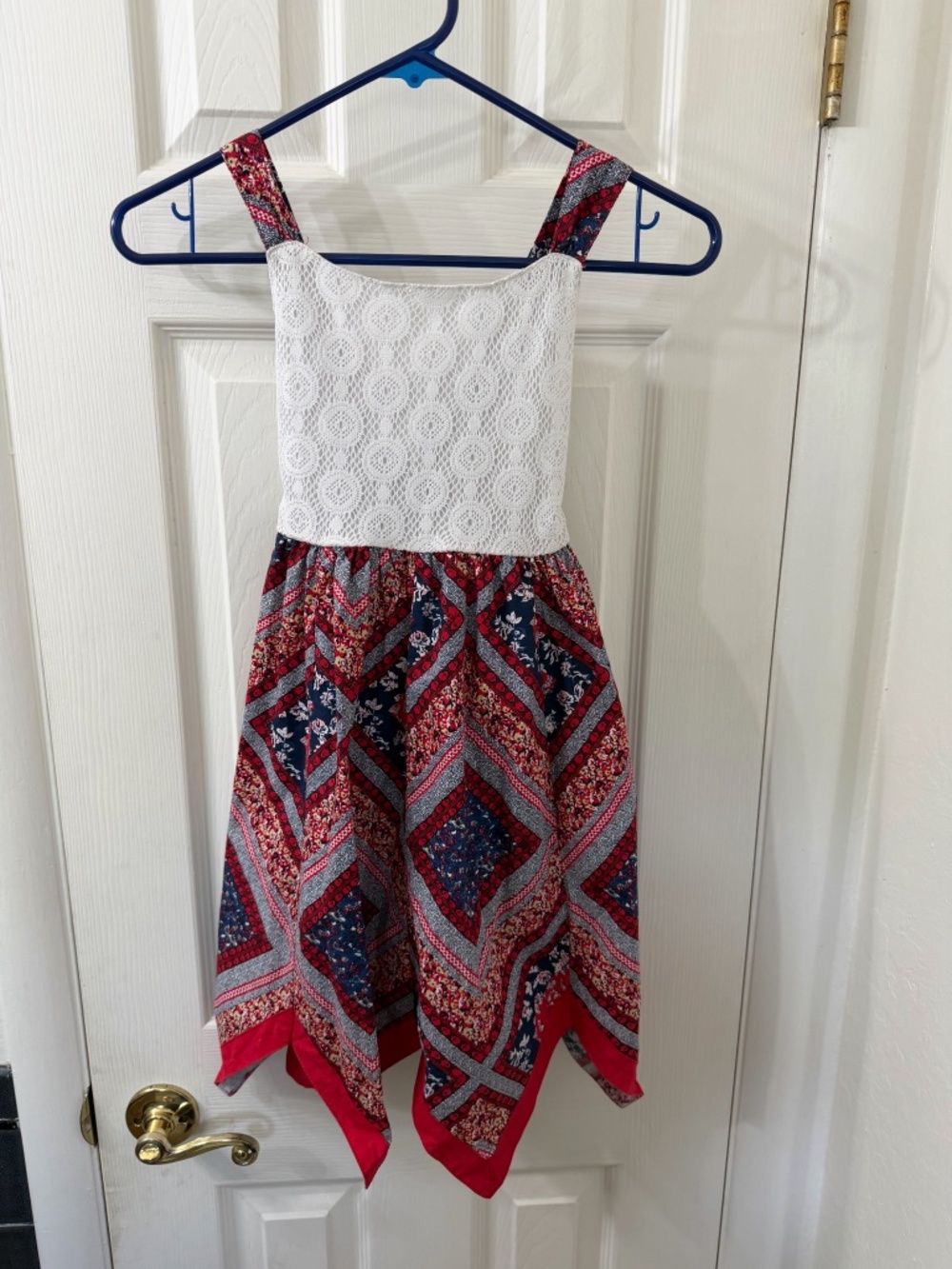 Blueberi Boulevard red, white, and blue handkerchief dress for girls. Size 7